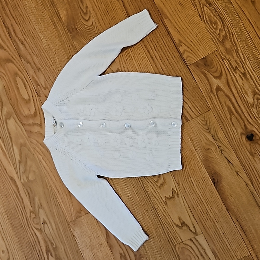VINTAGE ATKINS SWEATER KIDS WHITE 100% ACRYLIC KNIT BUTTON CARDIGAN 70s floral